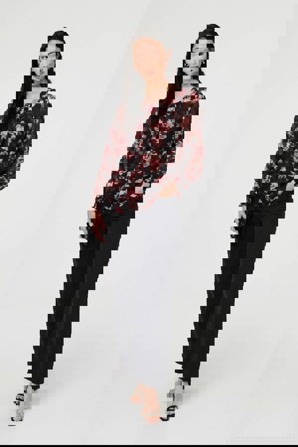 Pink | Floral Long Sleeve Chiffon Layer Blouse
