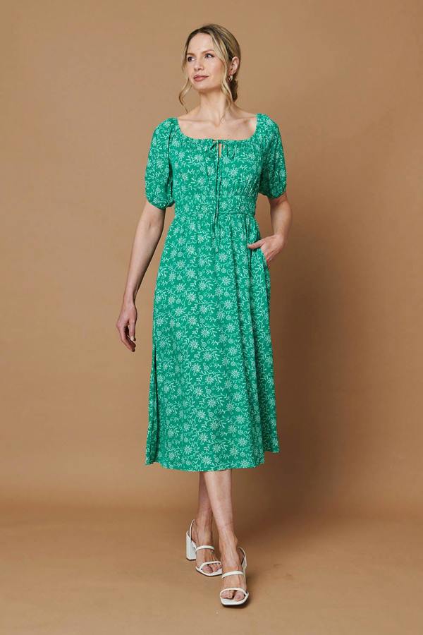 Green | Printed 1/2 Sleeve Smocked Midi Dress