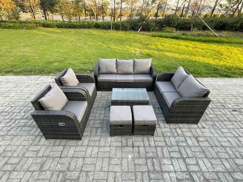 Fimous 9 Seater Rattan Wicker Garden Furniture Patio Conservatory Sofa Set with Rectangular Coffee Table 3 Seater Sofa Love Sofa 2 Small Footstools