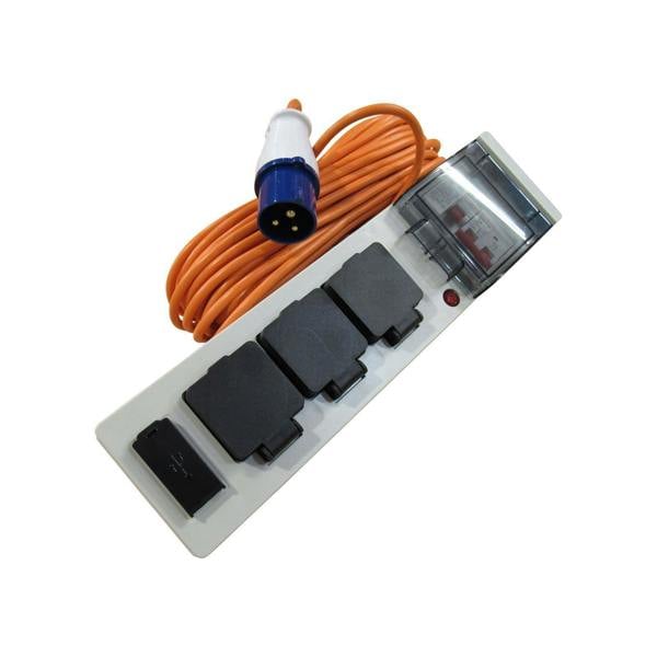 20 Metre Mobile Mains Hook Up Cable With 3 Plug Sockets 2 USB Ports - Caravan Camping