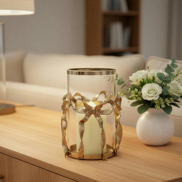 Antique Gold Bow Hurricane Lantern