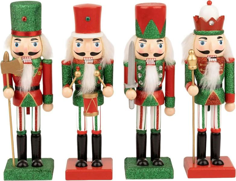 25cm Wooden Red and Green Nutcracker Soldiers Set of 4 Christmas Standing Decorations image 1