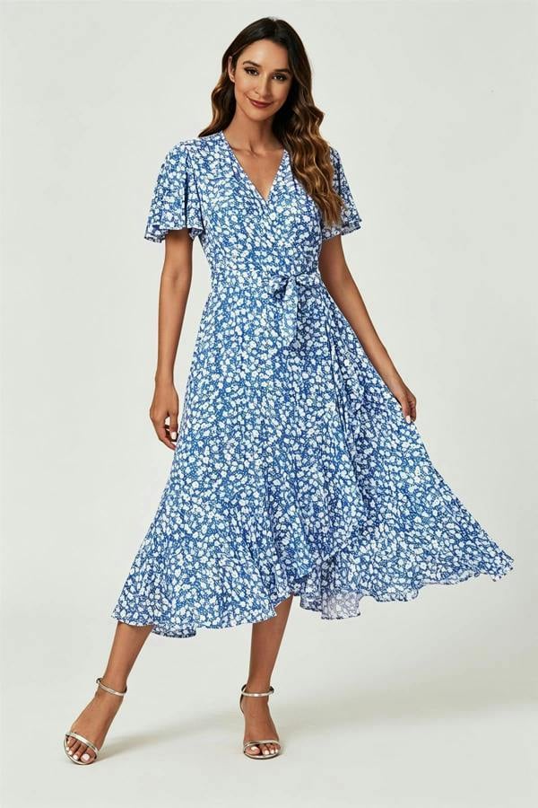 FS Collection Floral Print Midi Wrap Dress In Blue