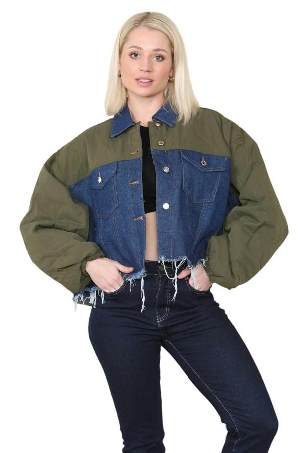 Elaina Fashion Women's Khaki & Denim Jacket Casual Short Jean Coat Color Block Lapel Button Down Ripped Hem Shirt Denim Regular Fit Shacket Streetwear - Elaina Fashion