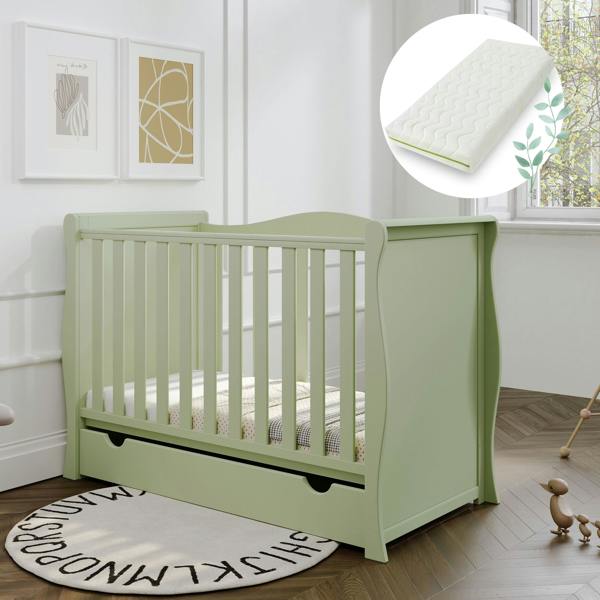 Viculii Willow Sleigh Mini Cot Bed Pistachio with Drawer and Bamboo Mattress