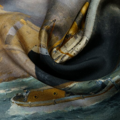 Otway & Orford 'Into the Storm' ocean liner silk pocket square in green, gold, off-white & black (42 x 42cm)