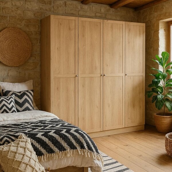 Wyld Haus Cherryfern Natural Oak Wood Wardrobe 4 Frame Doors