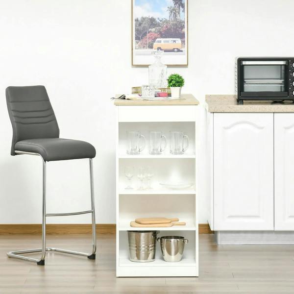 Bar table set with white open 4-tier shelf and natural wood top, placed indoors.