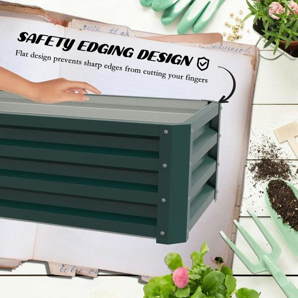 Green steel planter box shown on packaging with safety edging design