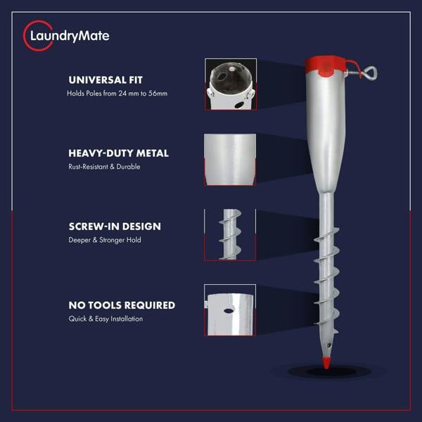Laundry Mate Washing Line Spike Includes Closure Cap Heavy Duty Rotary Airer Washing Line Ground Spike Fits 24,38,42,50,56 MM Poles