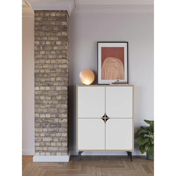 Decortie Modern Spark Cabinet 4-Doors Storage Engineered Wood Display Unit with Black Metal Legs 90(W)cm Oak