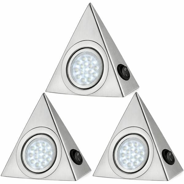 ATEK 3 Pack Triangle LED Under Cabinet Lights Cool White Mains Powered Silver