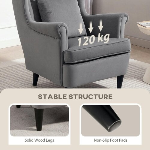 Wyld Haus Harire Grey Velvet Wingback Accent Chair With High Back Pillow And Wooden Legs