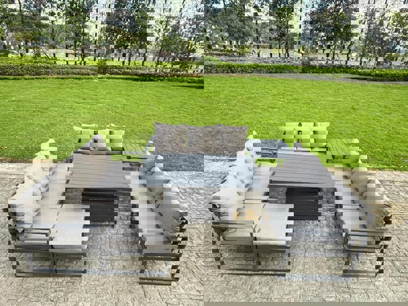 Fimous U-shaped 10-Seater Aluminium Garden Furniture Outdoor Dining Set with Adjustable Rising Lifting Dining Table Side Table Big Footstool Dark Grey