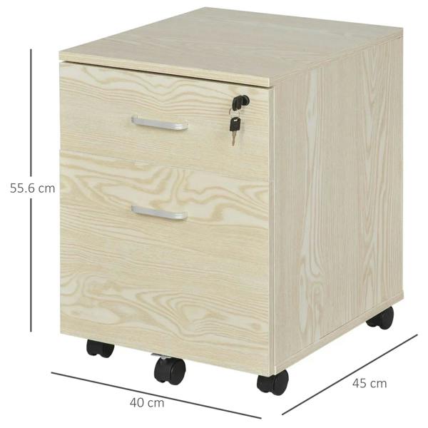 Oak two-drawer locking filing cabinet with dimensions and caster wheels