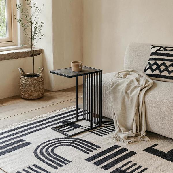 Wyld Haus Porto Organic Black Metal C Shape Side Table Stone Effect Top