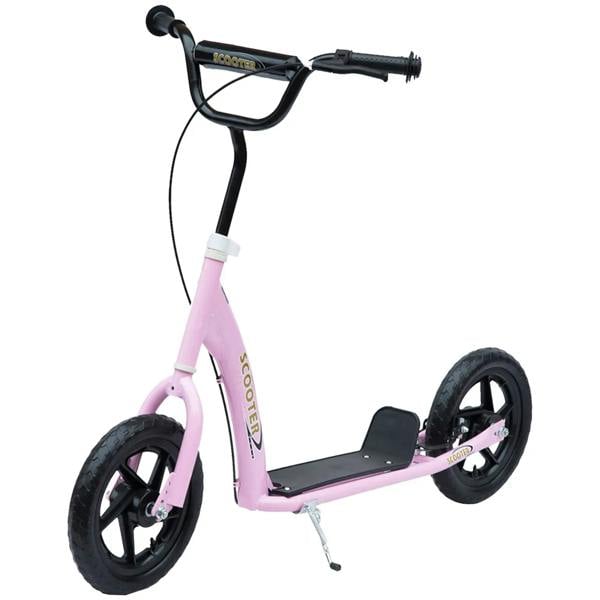 Pink kids kick scooter with black handlebars and 12-inch EVA-style wheels