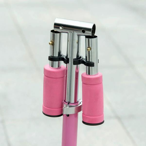 Pink scooter dual telescoping handlebar support with black clamps and metal frame