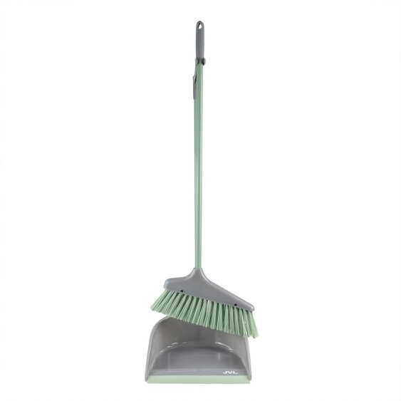 JVL Long Handle Dust Pan And Brush Set - Grey
