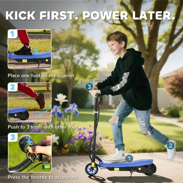 Blue electric scooter with black frame and footboard, shown while a child rides