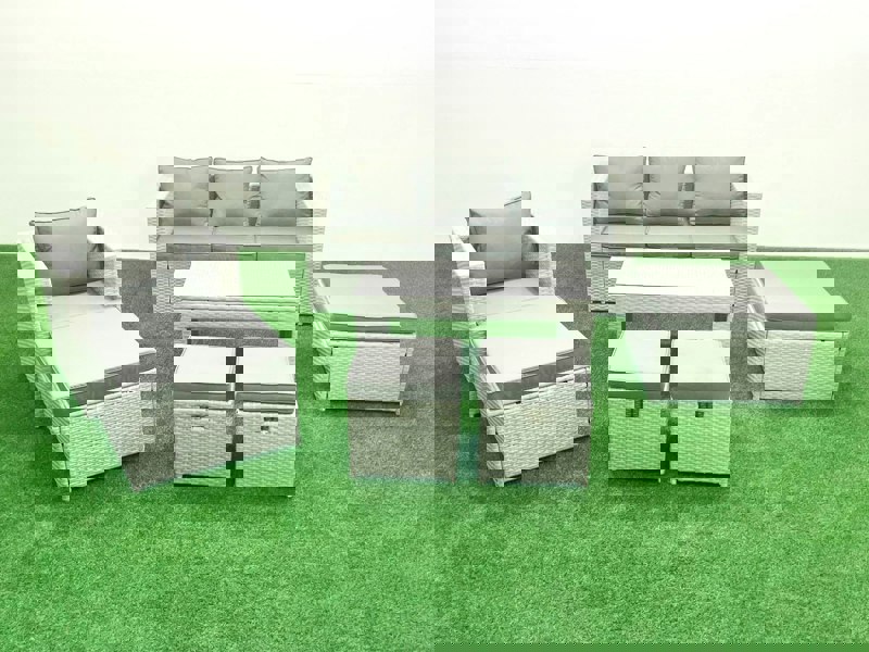 Fimous Rattan Garden Furniture Set Outdoor Lounger Sofa with Coffee Table 4 Footstools Light Grey Mixed
