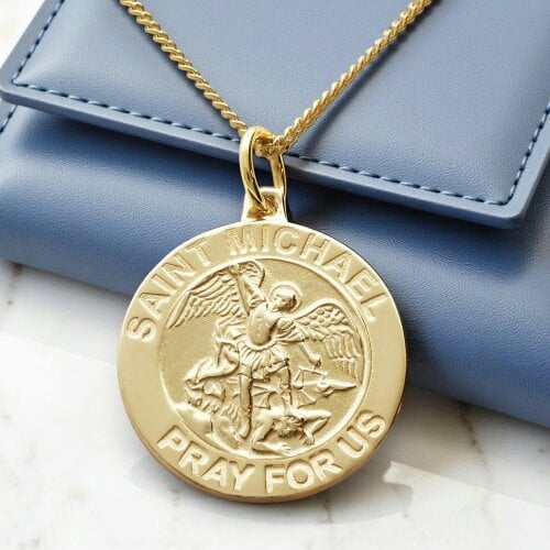 Christopher James of London 9ct Yellow Gold Plated St Michael Medal With Optional Engraving and Chain