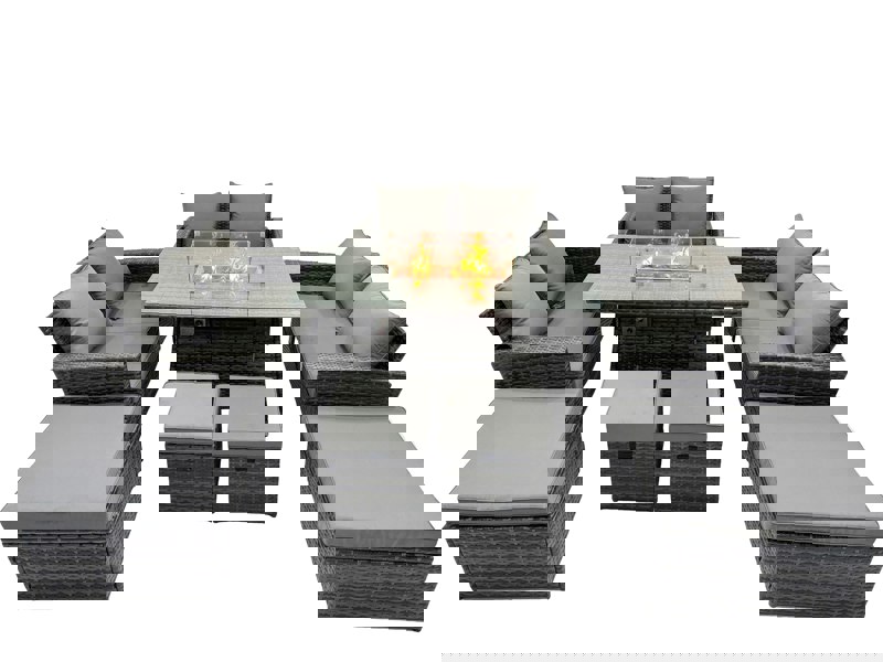 Fimous Outdoor Love Sofa Set 10 Seat Rattan Garden Furniture Set with Gas Firpit Dining Table 4 Footstools Dark Grey Mixed