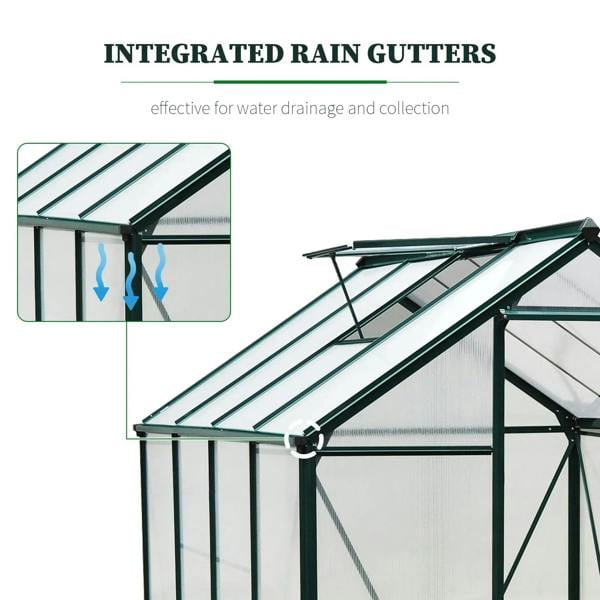 Dark green greenhouse roof with integrated rain gutters over clear polycarbonate panels