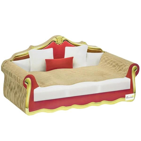 Cat cardboard scratcher lounge sofa bed with beige scratching surface, red base, white cushions