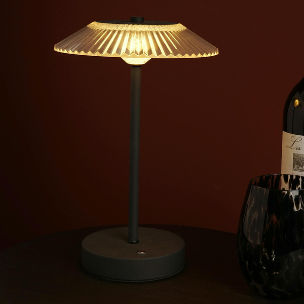 Hestia Black Ribbed Glass USB LED Touch Table Lamp