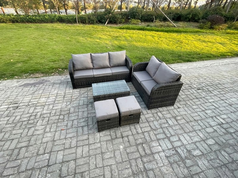Fimous 7 Seater Rattan Wicker Garden Furniture Patio Conservatory Sofa Set with Rectangular Coffee Table 3 Seater Sofa Love Sofa 2 Small Footstools