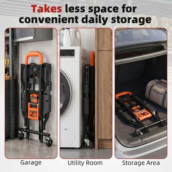 Bobobiy Steel 2-in-1 Folding Hand Truck on Wheels, Foldable Trolley with Foldable Base, 120kg, Black and Orange