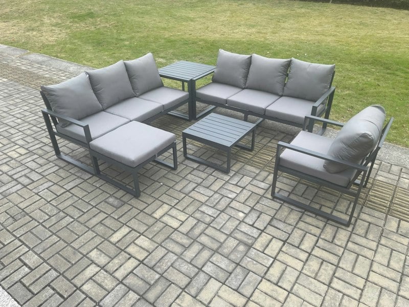 Fimous Aluminium 8 Seater Outdoor Garden Furniture Lounge Sofa Set with Square Coffee Table Chair Big Footstool Side Table Dark Grey