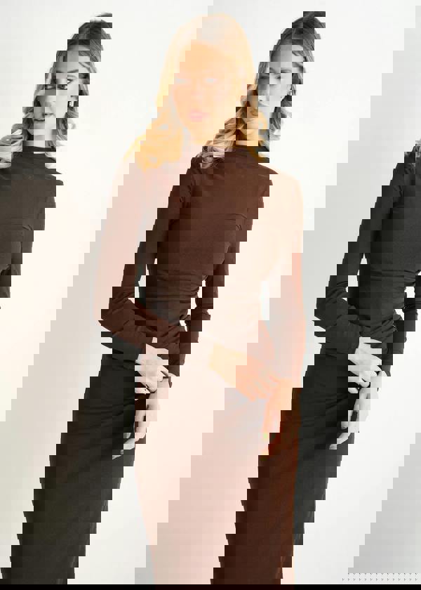 Gini London Chocolate Ruched Jersey Long Sleeve Midi Dress