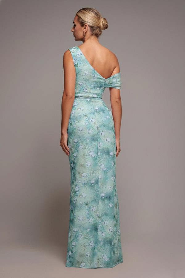 Goddiva One Shoulder Cowl Neck Chiffon Floral Maxi Dress - Blue by Goddiva