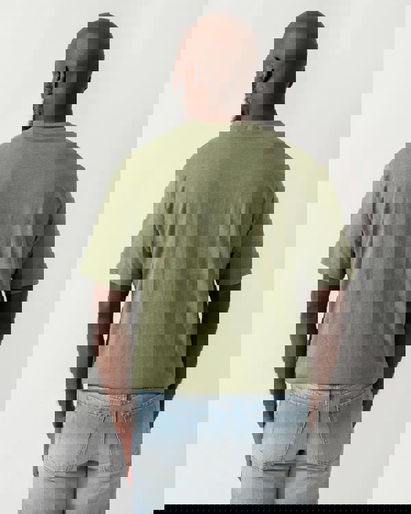 back shot a a model wearing a GANT Mens Regular Fit Short Sleeve Shield Logo T-Shirt in Dark Cactus Melange