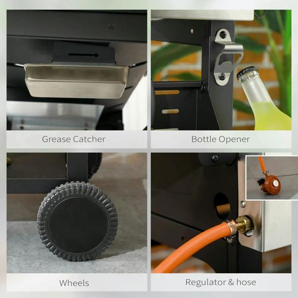 Black gas grill features: grease catcher, bottle opener, wheels, and regulator hose