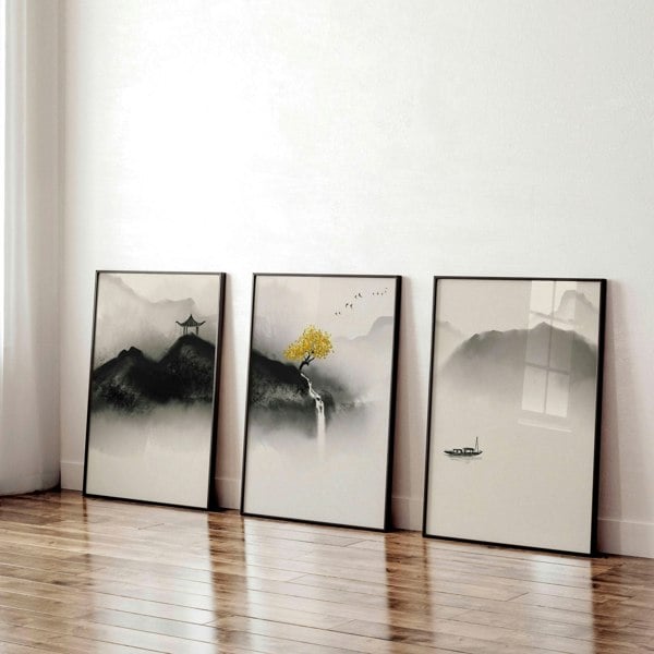 Japanese pagoda | set of 3 wall art for home office decor