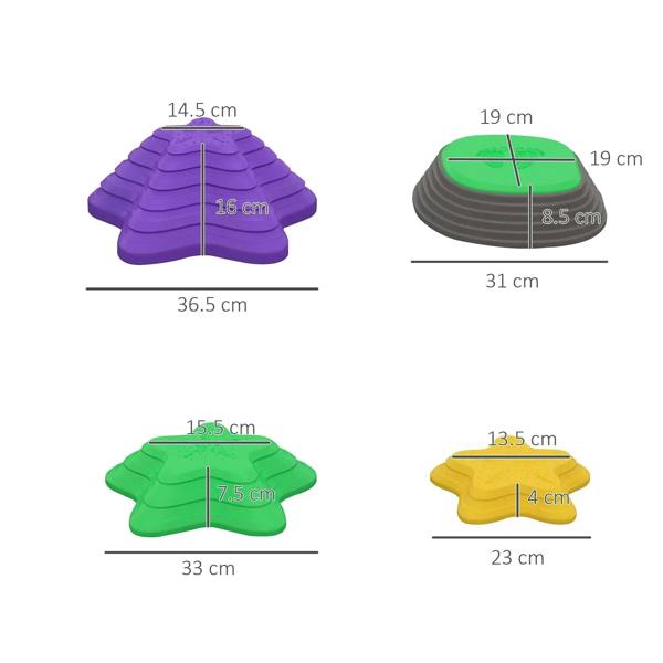 Starfish stepping stone size views in purple, green, yellow, and gray stacks.
