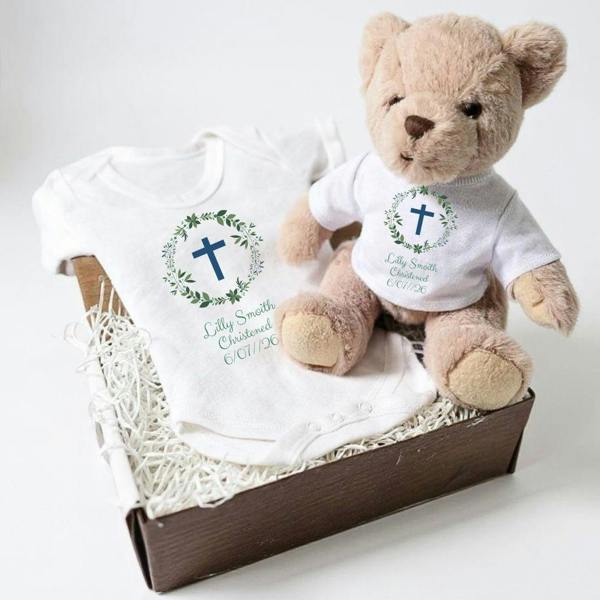 Personalised Green Christening Baby Gift Box - Teddy & Vest