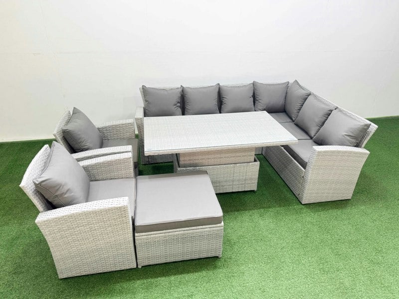 Fimous 9 Seat Rattan Garden Furniture Corner Sofa Set Outdoor Adjustable Lifting Dining or Coffee Table Set with Big Footstool Light Grey