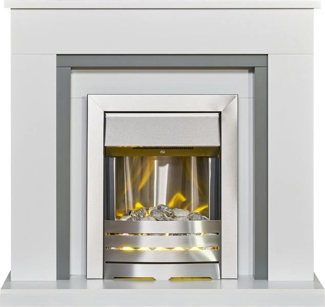 Adam Milan Fireplace in Pure White & Grey with Helios Electric Fire in Brushed Steel, 39 Inch