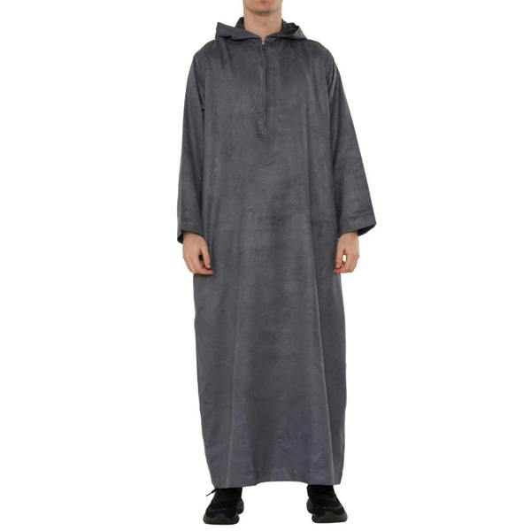 HM12 - Men's Hooded Suede Emirati Omani Zipped Thobe - Grey - Thobez - 15