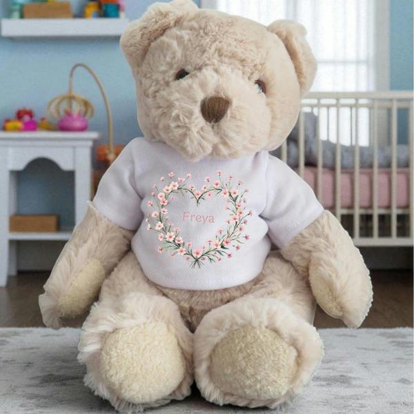 Personalised Pink Flower Heart Name Gift Hamper Baby Gift Box - Teddy & Vest