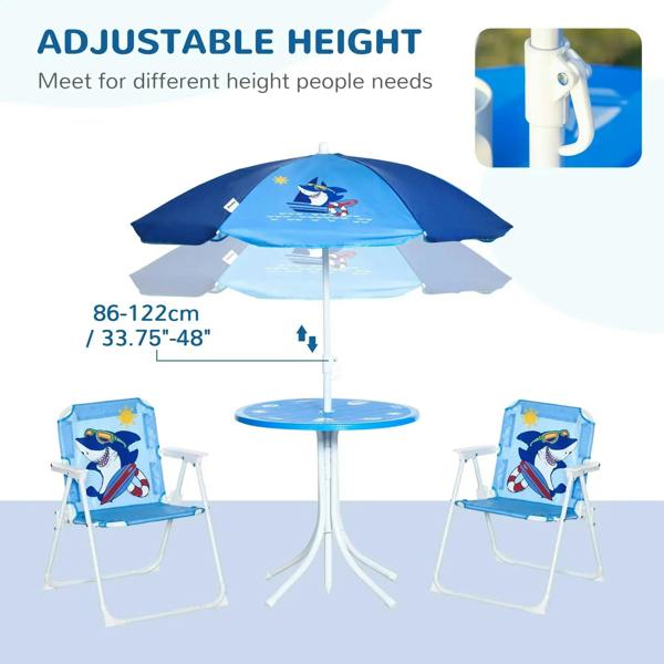 Kids blue bistro table with adjustable shark sun umbrella and two chairs