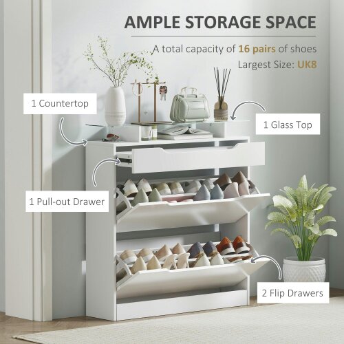 Wyld Haus Masola Wooden White Shoe Cabinet With Sliding Drawer 2 Flip Doors And Glass Top
