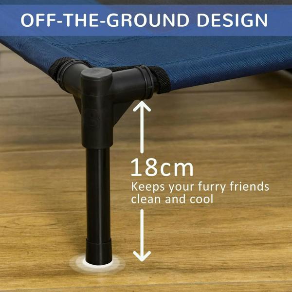 18 cm off-the-ground raised pet cot bed with blue mesh and black leg frame