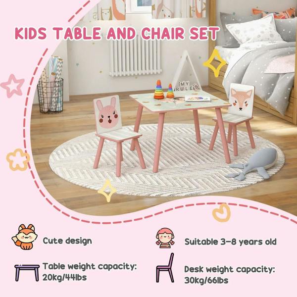 Kids table and chair set in pink with animal-print backs and patterned tabletops