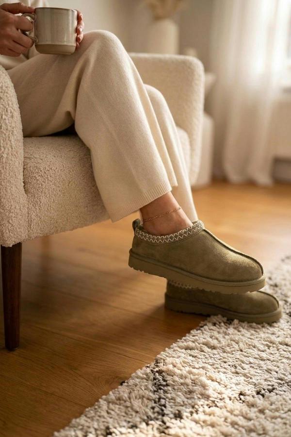 Odette Faux Suede Lined Slipper Mules - Khaki