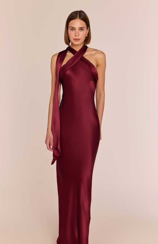 Rewritten London Roma Dress in Chianti Satin